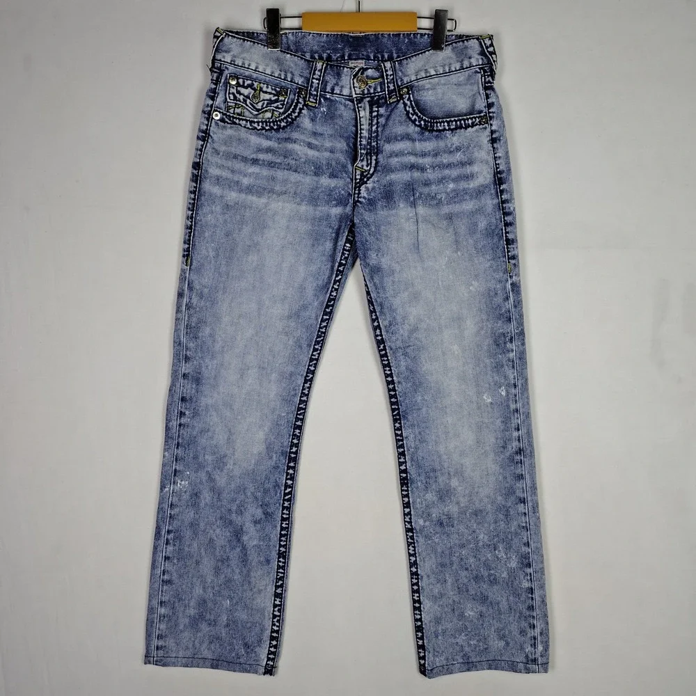 True Religion Straight Leg Jeans Acid Wash Blue Cotton Mens 34 RN112790 CA57414